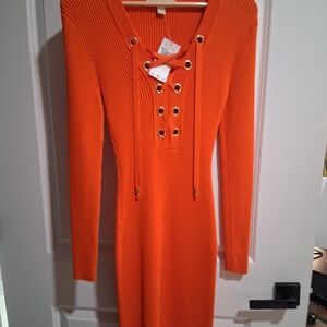 MICHAEL Michael Kors Orange Lace-Up Long Sleeve Dress